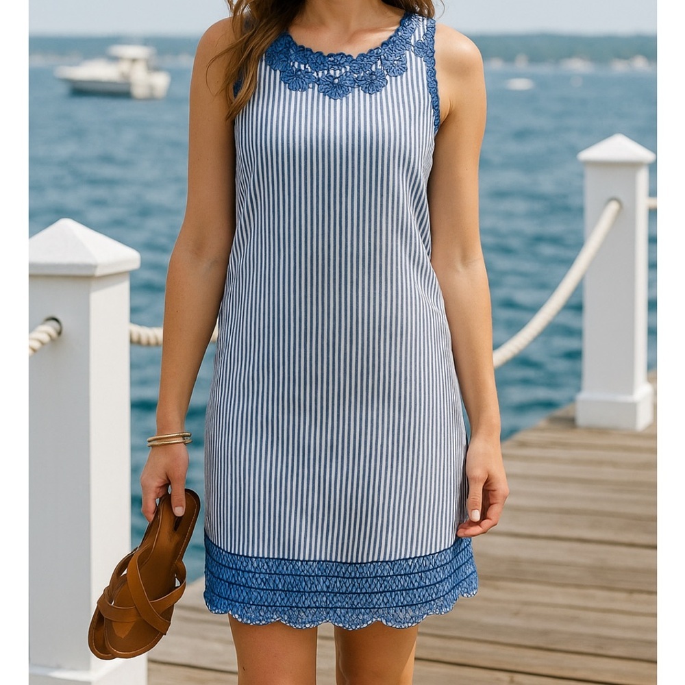 * Vineyard Vines Blue White Embroidered Striped Shift Dress Size 2 Nautical